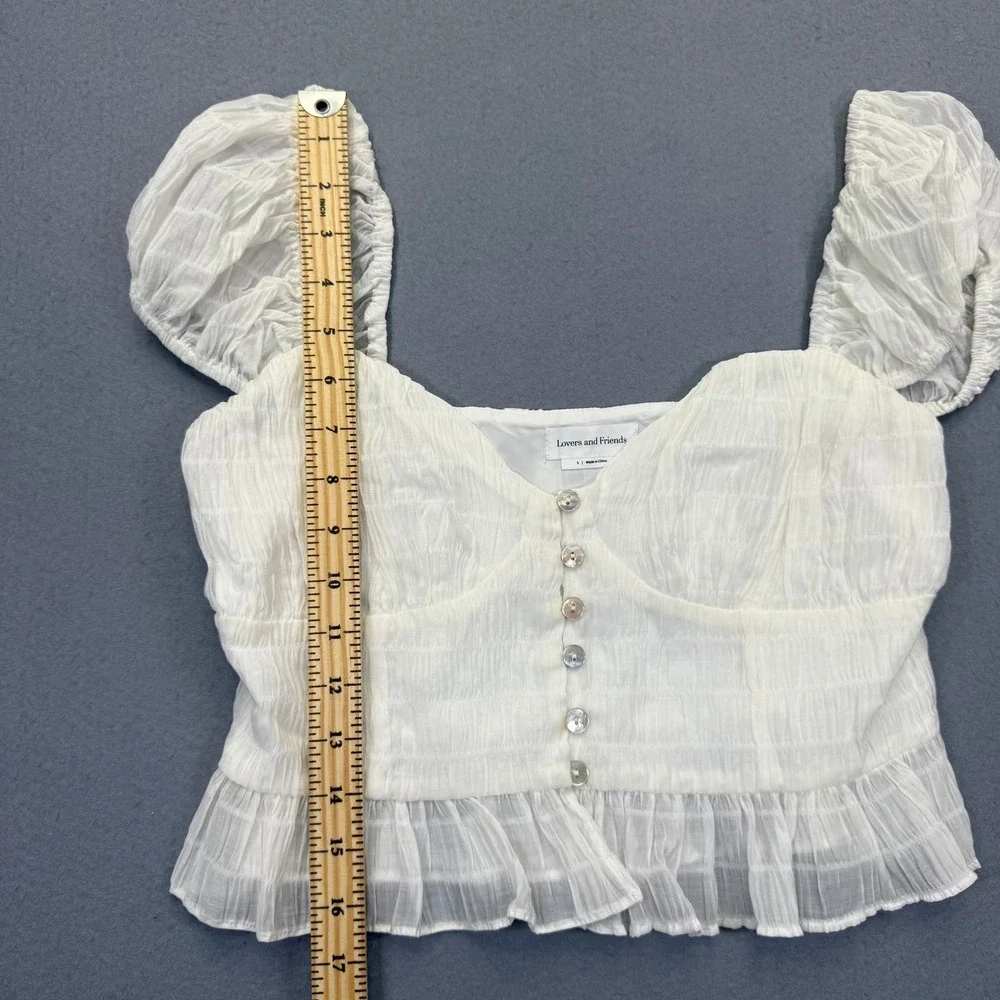 Lovers and Friends White Puff Sleeve Button Front Crop Top Smocked Small
